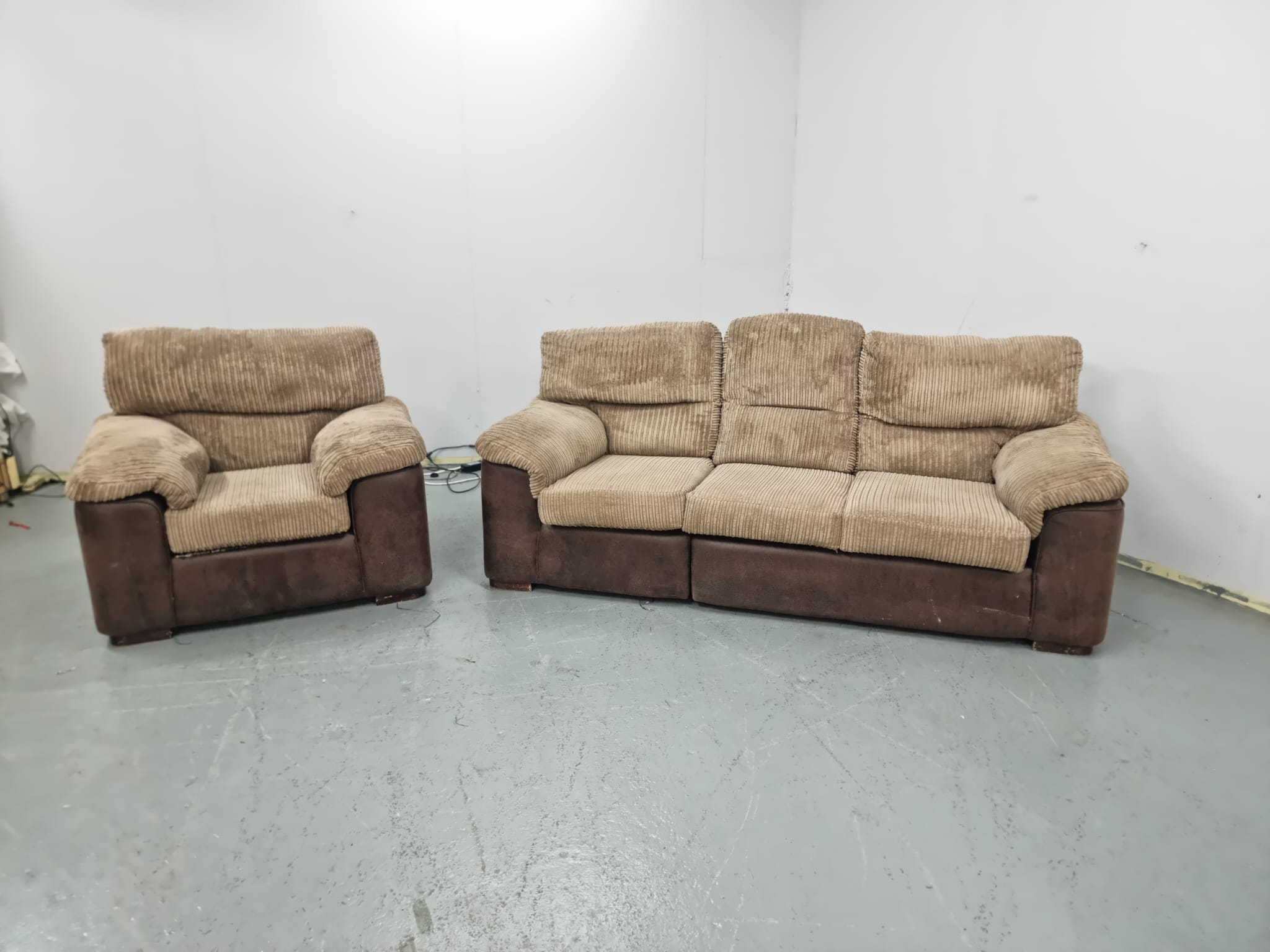 Corded Two Tone Brown 3 and 1 Seater Sofa and Chair